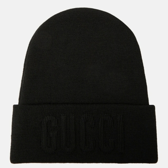 Gucci Black Wool Beanie Embossed Logo Hat Made in Italy Unisex Size M main image 6